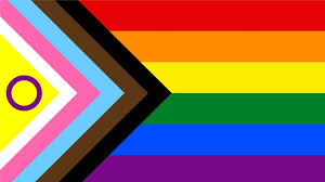 The Progress Pride Flag shows the white, pink, baby blue, black, and brown stripes in a triangle shape, with the old six-color rainbow stacked next to them